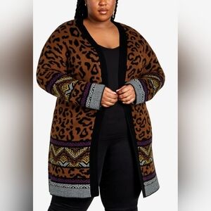 City Chic Zim & Zoe Open Front Leopard Print Coatigan Sweater